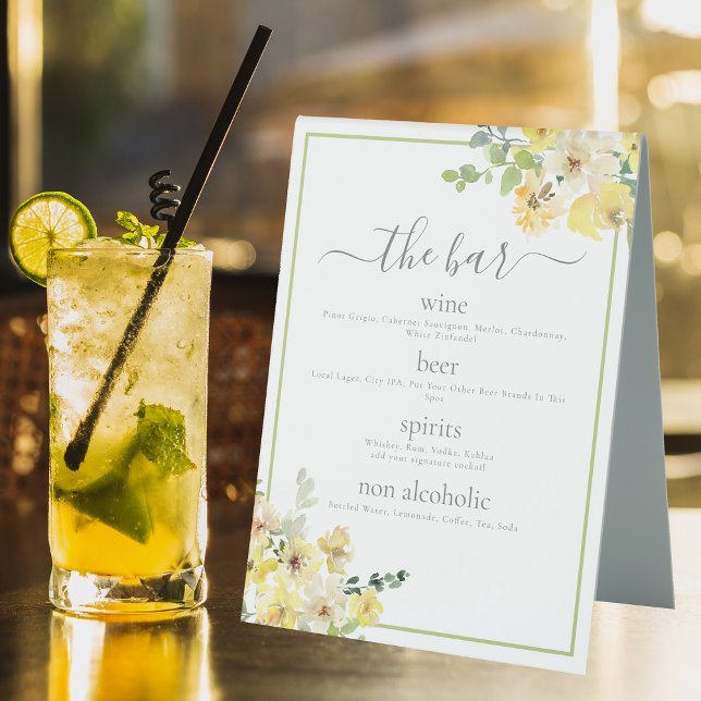 Elegant Yellow Floral Sage Green Wedding Bar Menu (Creator Uploaded)