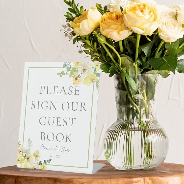 Elegant Yellow Floral Sage Wedding Guest Book Pedestal Sign (Creator Uploaded)