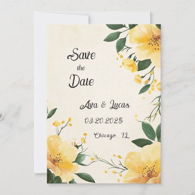 Elegant Yellow Floral Save the Date Card (Front)