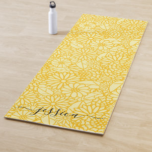 Elegant yellow floral script name yoga mat
