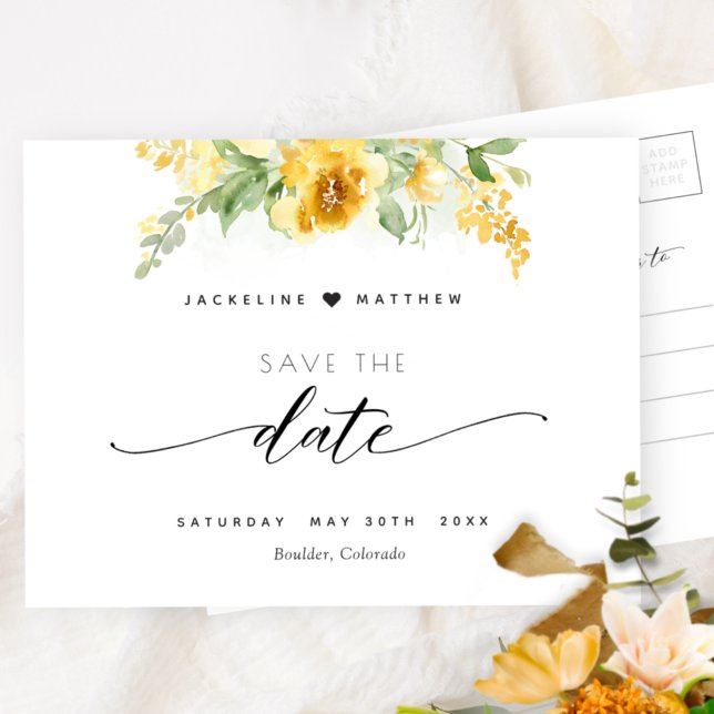 Elegant Yellow Floral Wedding Save the Date Postcard (Creator Uploaded)