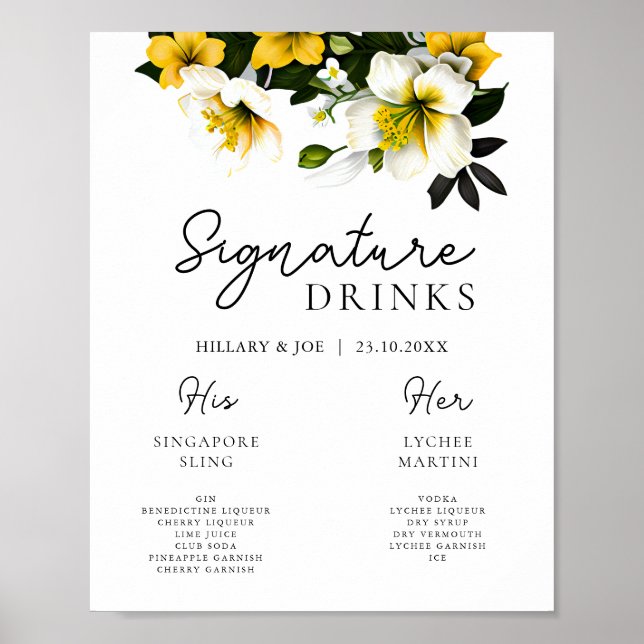 Elegant Yellow Floral Wedding Signature Drinks Poster (Front)