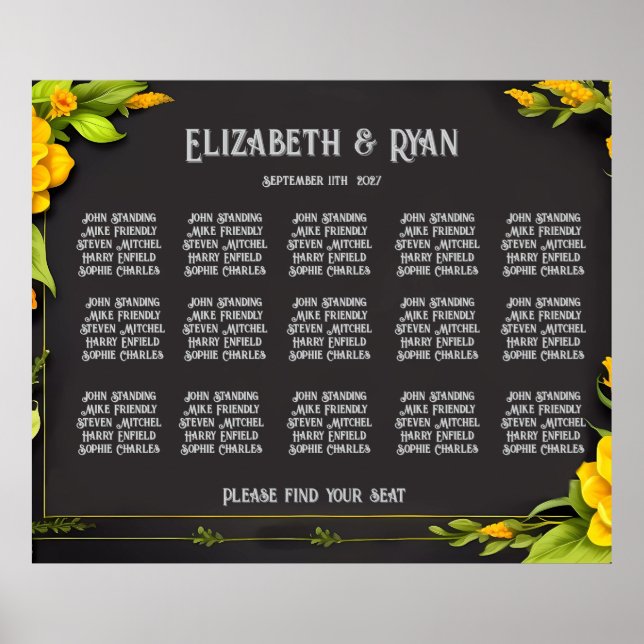 Elegant Yellow Floral Wedding Table Plan  Poster (Front)