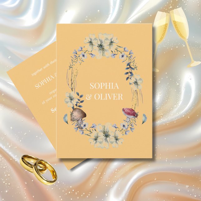 Elegant Yellow Flower and Mushroom Wreath Wedding  Invitation (Creator Uploaded)