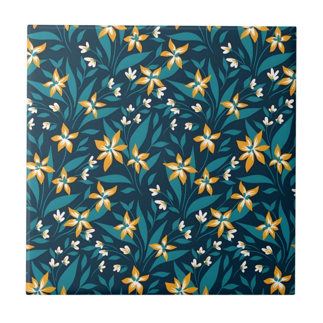 Elegant Yellow Flower Pattern in Dark Green Leaves Ceramic Tile (Front)