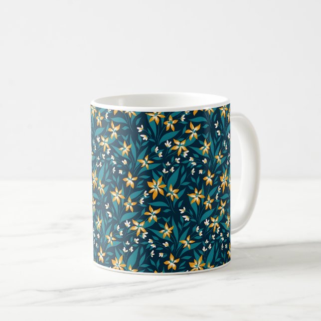Elegant Yellow Flower Pattern in Dark Green Leaves Coffee Mug (Front Right)