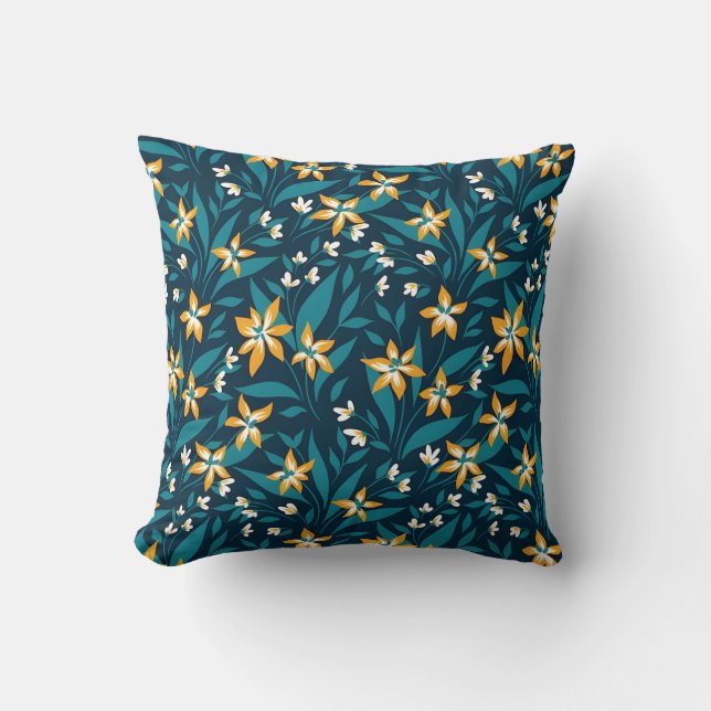 Elegant Yellow Flower Pattern in Dark Green Leaves Cushion (Front)