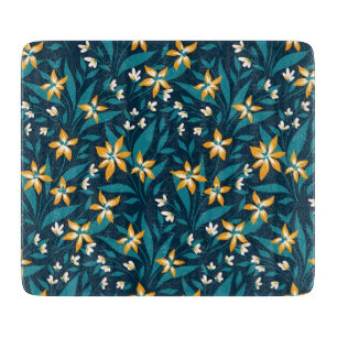Elegant Yellow Flower Pattern in Dark Green Leaves Cutting Board