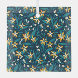 Elegant Yellow Flower Pattern in Dark Green Leaves Glass Tree Decoration