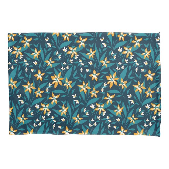 Elegant Yellow Flower Pattern in Dark Green Leaves Pillowcase (Front-Left)