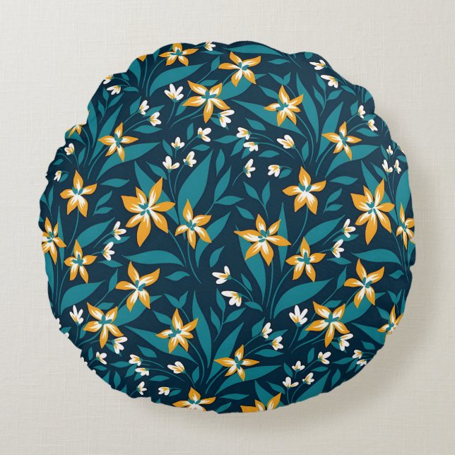 Elegant Yellow Flower Pattern in Dark Green Leaves Round Cushion (Front)