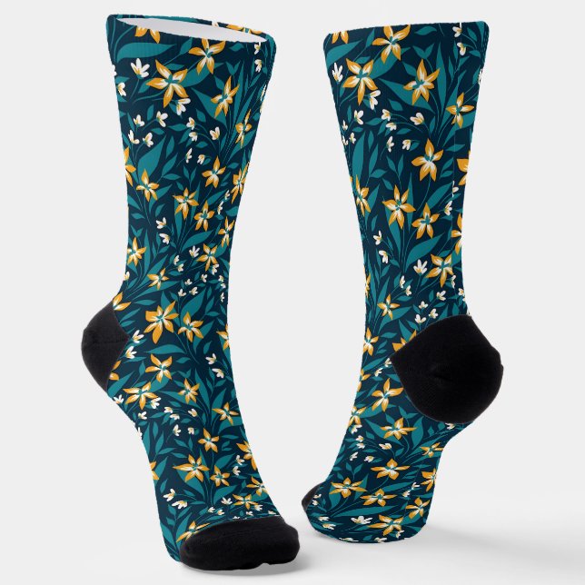 Elegant Yellow Flower Pattern in Dark Green Leaves Socks (Angled)
