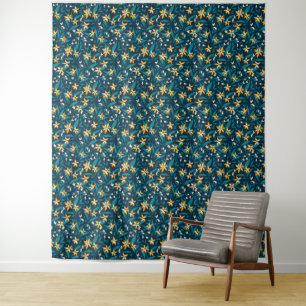 Elegant Yellow Flower Pattern in Dark Green Leaves Tapestry