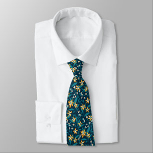 Elegant Yellow Flower Pattern in Dark Green Leaves Tie