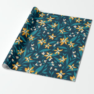 Elegant Yellow Flower Pattern in Dark Green Leaves Wrapping Paper