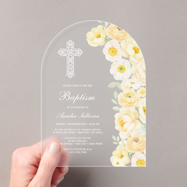 Elegant Yellow Flowers Arch Baptism Acrylic Invitations (Insitu (Handheld))