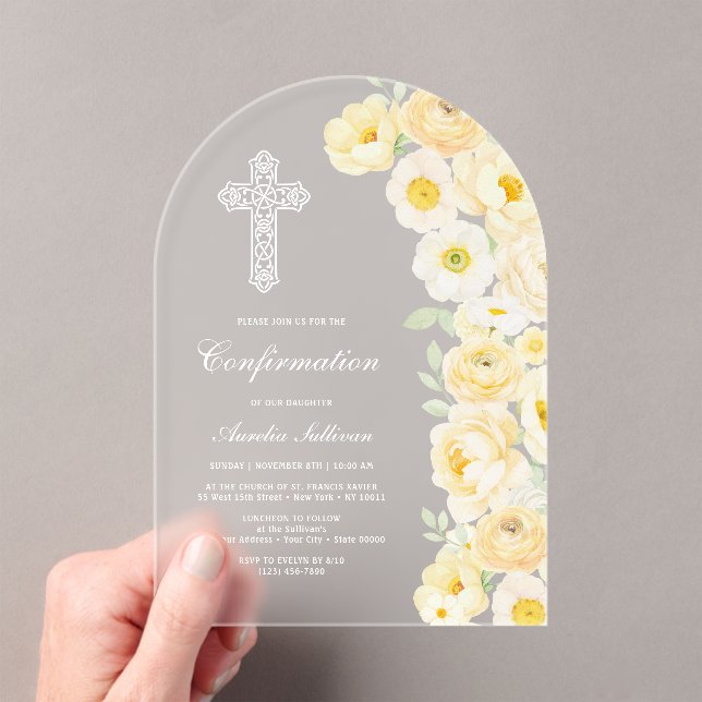 Elegant Yellow Flowers Arch Confirmation Acrylic Invitations (Insitu (Handheld))