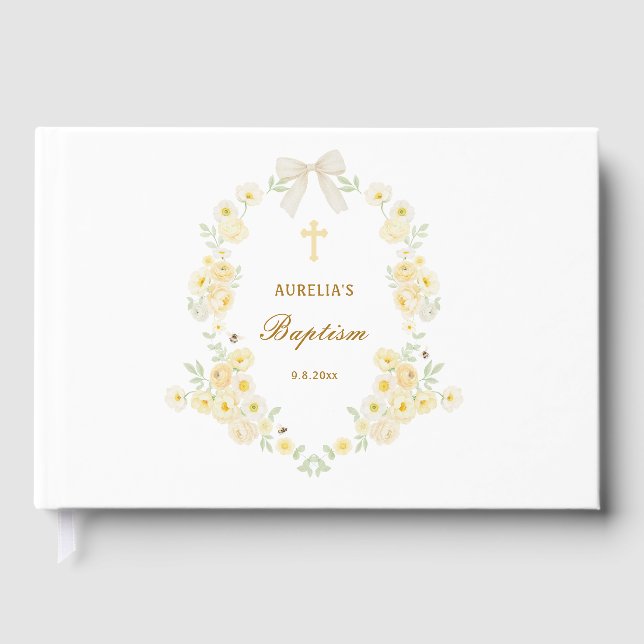 Elegant Yellow Flowers Frame Bow Baptism Guest Book (Front)