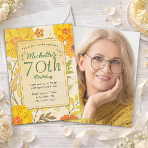 Elegant Yellow Flowers Gold Garden Photo 70th Invitation