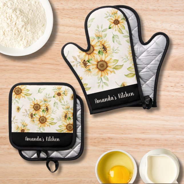 Elegant Yellow Flowers & Kraft Personalised Gift  Oven Mitt & Pot Holder Set (Creator Uploaded)