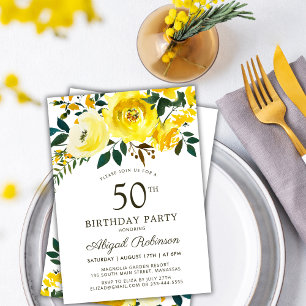 Elegant Yellow Garden Rose Floral 50th Birthday Invitation