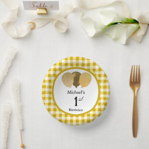 Elegant Yellow Gingham & Balloons 1st Birthday Paper Plate
