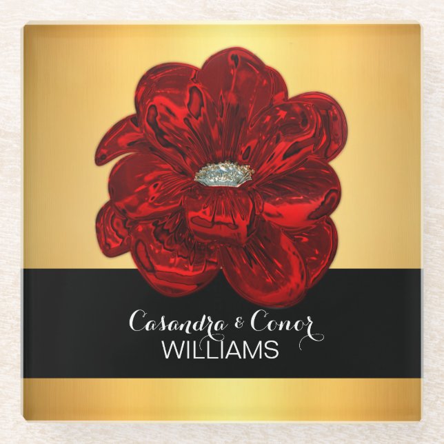 Elegant Yellow Gold & Black Red Flower Wedding Glass Coaster (Front)