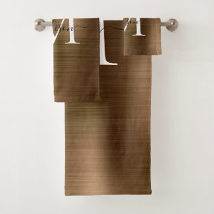 Elegant Yellow Gold Brushed Metal Monogram Script Bath Towel Set