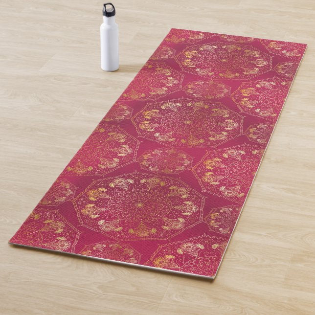 Elegant Yellow Gold Daisy Floral Mandala Pink Yoga Mat (In Situ)