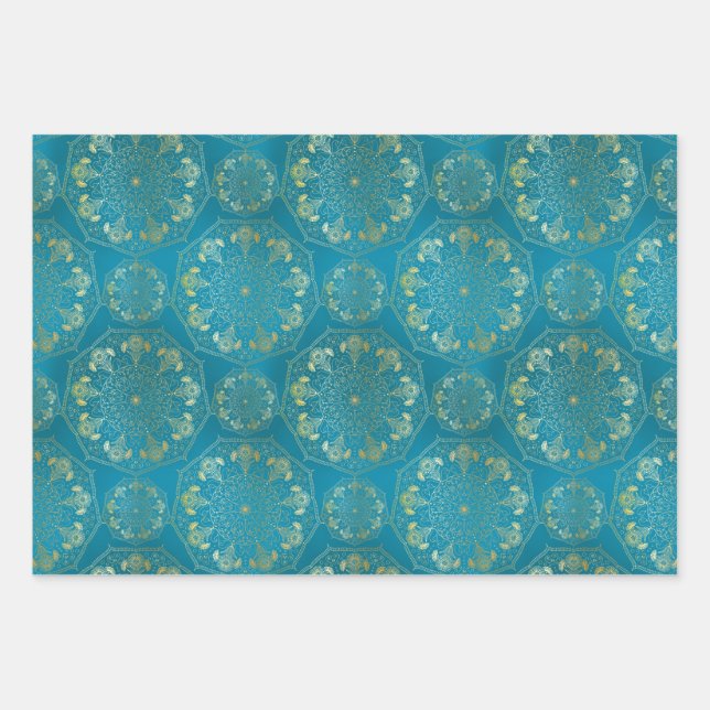 Elegant Yellow Gold Daisy Snowdrop Mandala Teal Wr Wrapping Paper Sheet (Front)