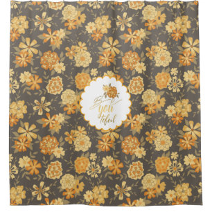 Elegant Yellow Gold Orange Flowers On Brown Shower Curtain