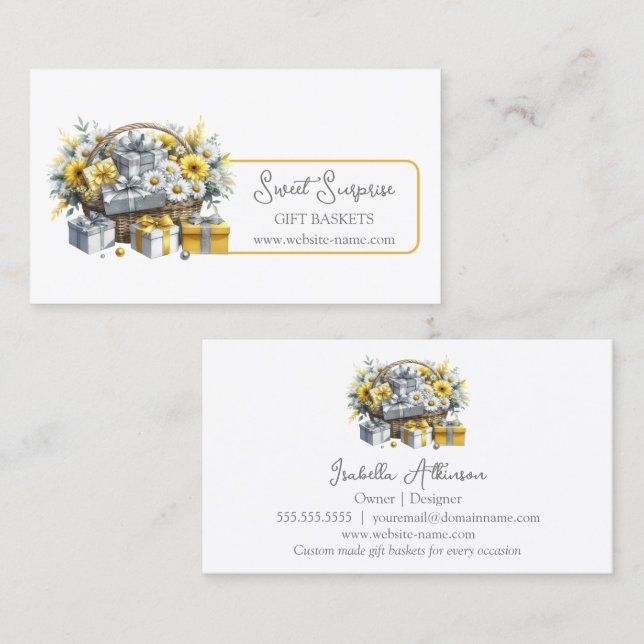 Elegant Yellow Gold Silver Gift Basket Business Card (Front/Back)