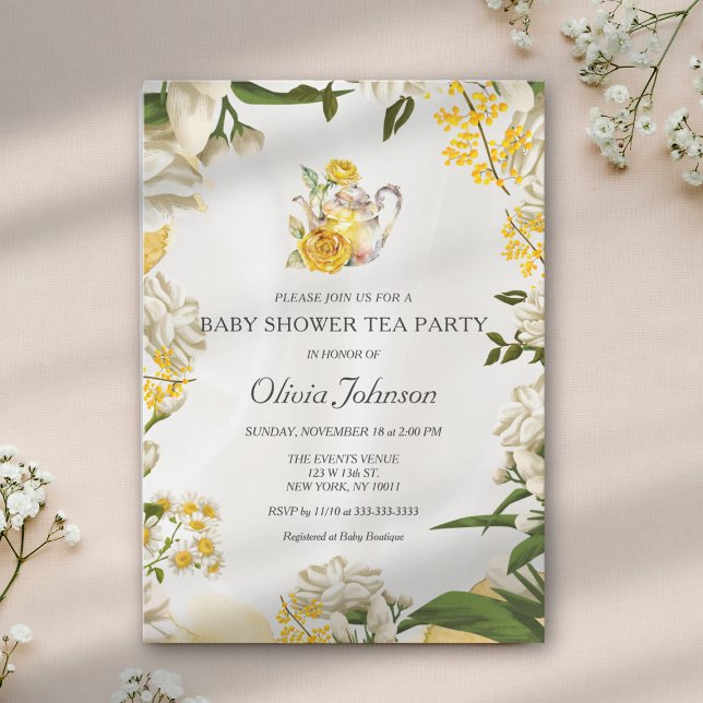 Elegant Yellow Green Floral Tea Party Baby Shower Invitation (Creator Uploaded)