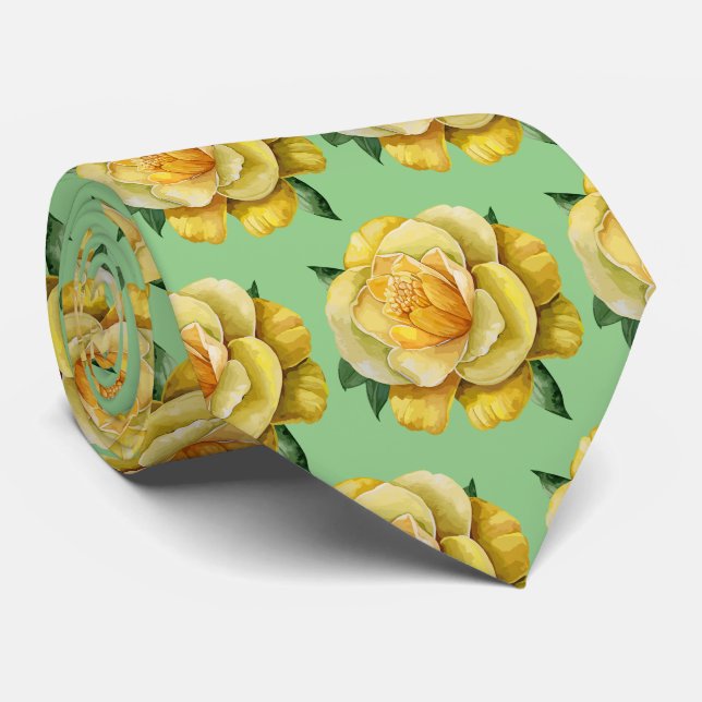 Elegant Yellow Green Floral Watercolor Roses Tie (Rolled)