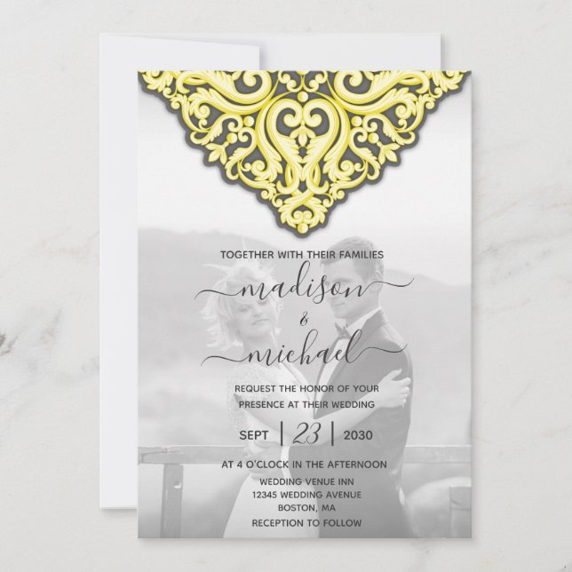 Elegant Yellow Grey Damask Wedding Invitation (Front)