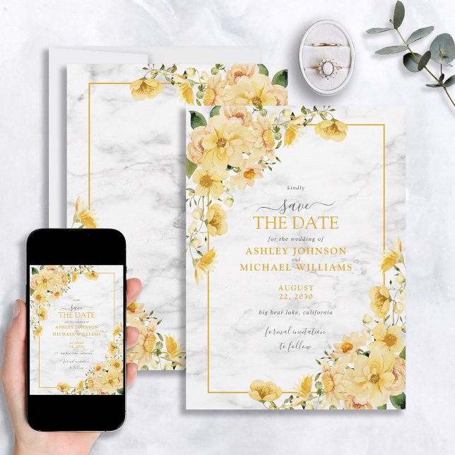 Elegant Yellow & Grey Floral Marble Save the Date (Creator Uploaded)