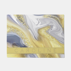 Elegant Yellow Grey Gold Marble Effect Name Doormat