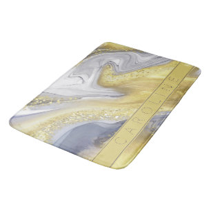 Elegant Yellow Grey / Grey Gold Marble Effect Name Bath Mat