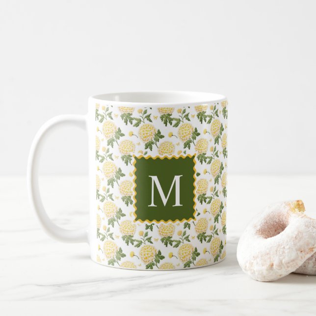 Elegant Yellow Hydragea Floral Monogram Coffee Mug (With Donut)