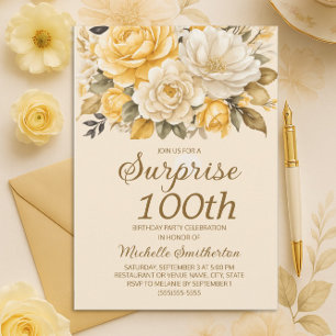 Elegant Yellow Ivory Cream Floral Surprise 100th Invitation