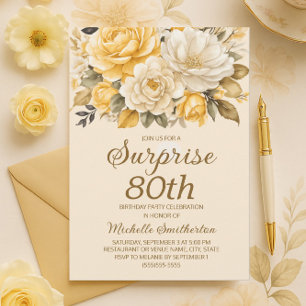 Elegant Yellow Ivory Cream Floral Surprise 80th Invitation