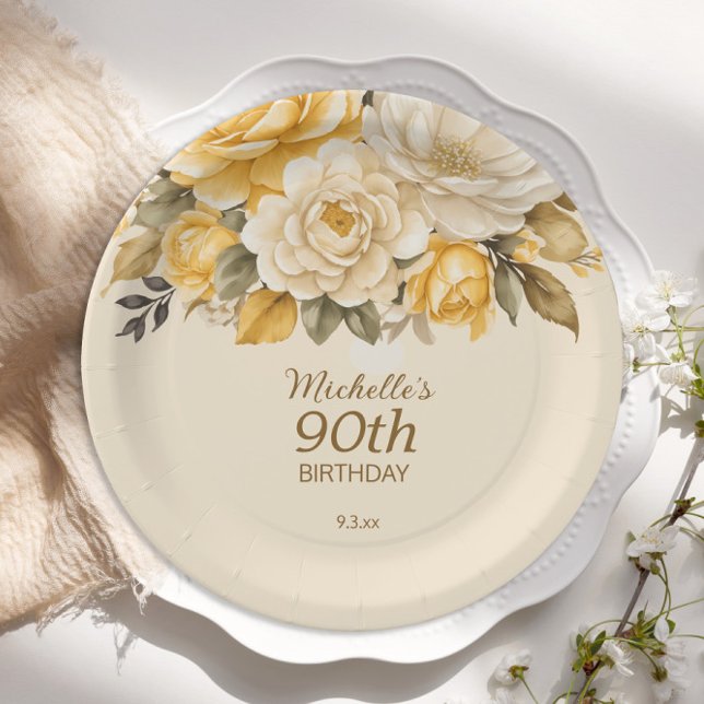 Elegant Yellow Ivory Cream Floral Surprise 90th Paper Plate (Yellow and cream floral 90th birthday party paper plates)