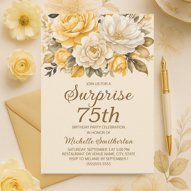 Elegant Yellow Ivory Cream Floral Surprise Invitation (Elegant yellow and cream-colored watercolor floral surprise 75th birthday party invitation)