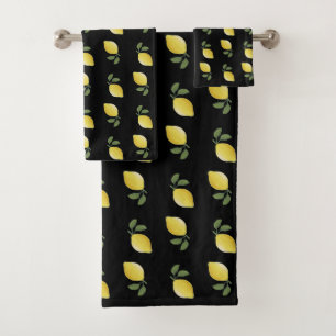 Elegant Yellow Lemon Pattern on Black Bath Towel Set