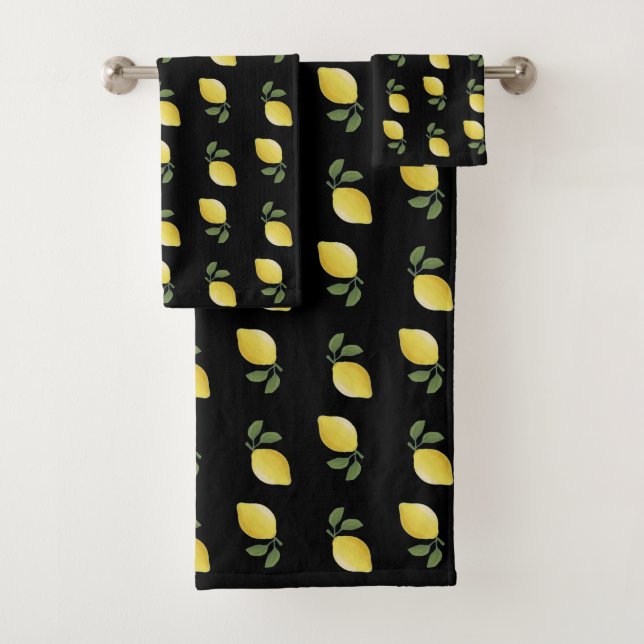 Elegant Yellow Lemon Pattern on Black Bath Towel Set (Insitu)