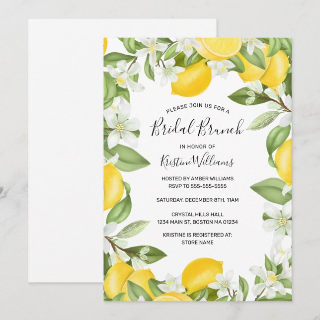Elegant Yellow Lemons Watercolor Bridal Brunch Invitation (Front/Back)