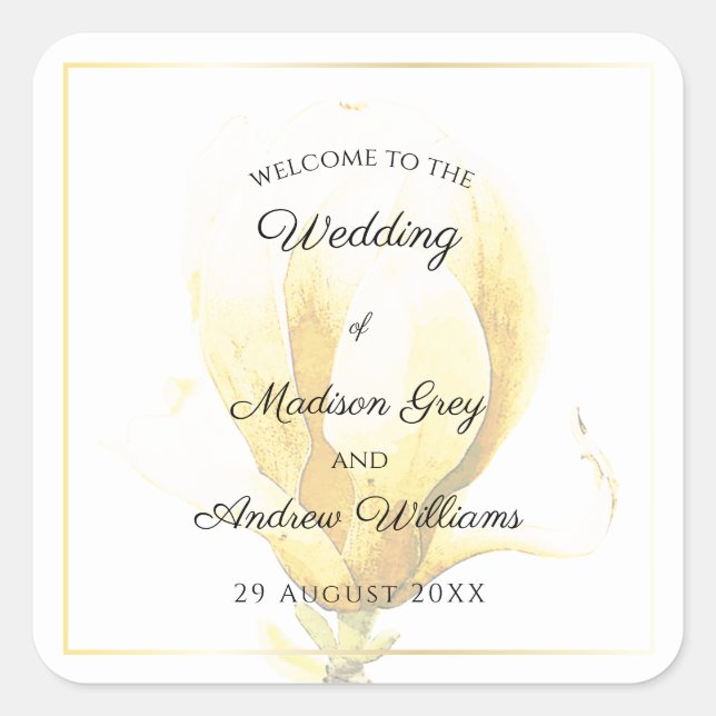 Elegant Yellow Magnolia Wedding Square Sticker (Front)