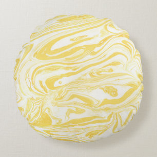 Elegant Yellow Marble: Hand-Drawn Texture Round Cushion