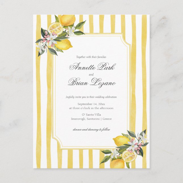 Elegant  Yellow Mediterranean Lemon Wedding Holiday Postcard (Front)