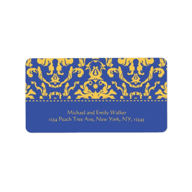 Elegant Yellow n Royal Blue Damask Address Label (Front)